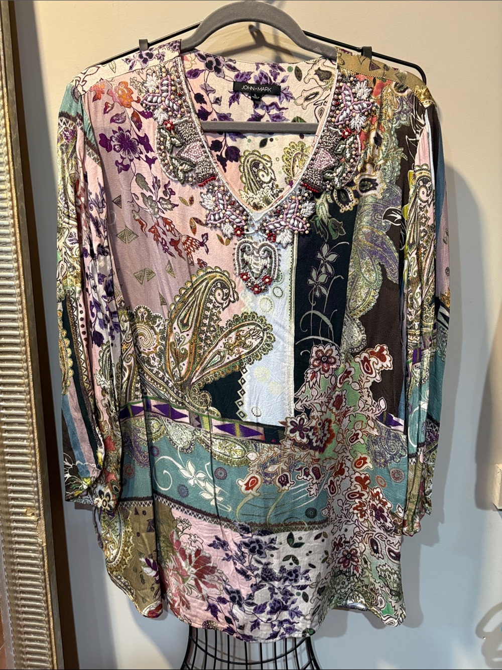 John Mark Multi-Color Paisley Patchwork Beaded V-Neck Tunic
